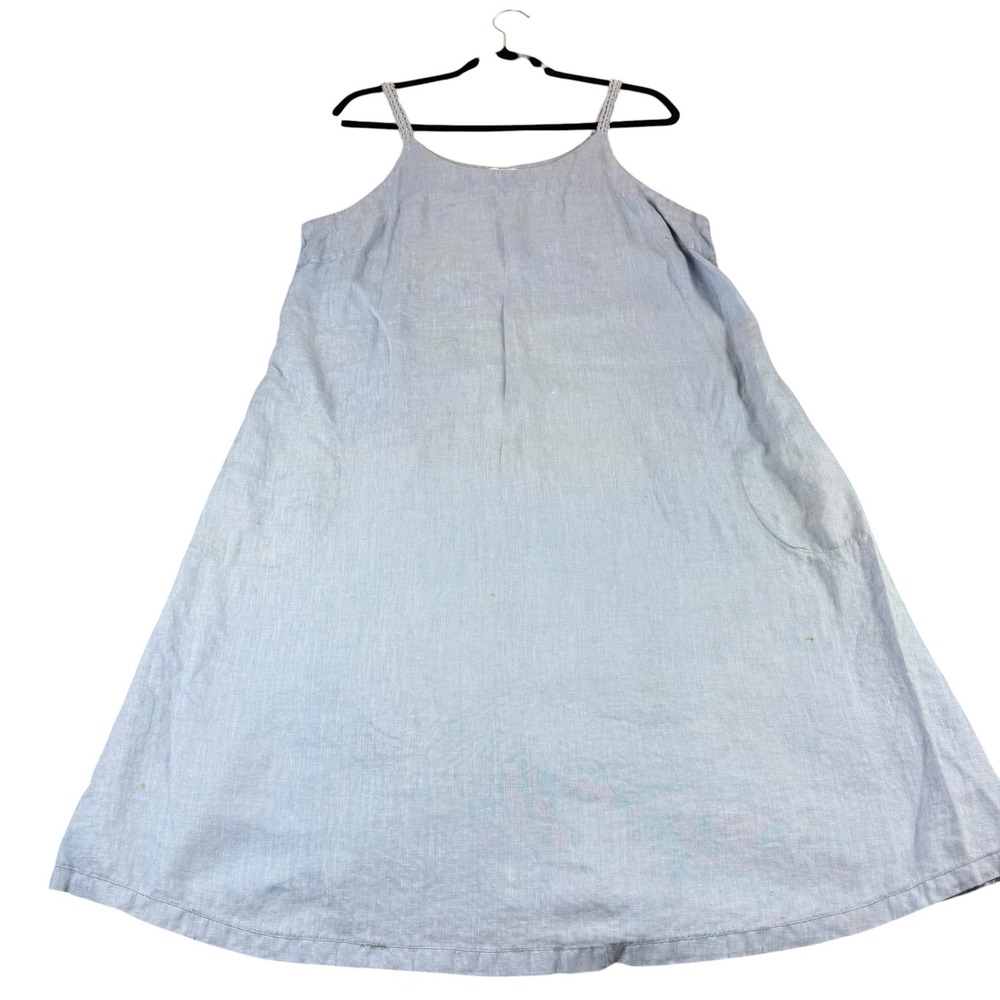 Kleen‎ Blue Linen Midi Dress Crochet Straps Pockets Sleeveless A-Line L